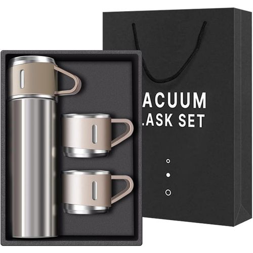 Bouteille isotherme avec 3 tasses en acier inoxydable 304 portable pour les affaires maintient la chaleur Et le froid - Argenté