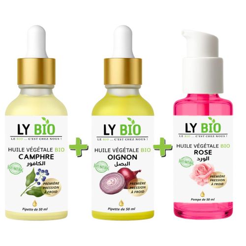 PACK HUILE CAMPHREE 50ML - PIPETTE HUILE OIGNON 50ML - PIPETTE HUILE ROSE 50ml - POMPE