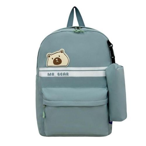 Sac a Dos Scolaire Cartable pour Enfants et Adolescents avec Motif Ours Mr Bear et Trousse Assortie Compartiment Principal Zippe Poches Laterales Poche Frontale a Fermeture Eclair et Bretelles Rembourrees Ajustables pour Ecole Loisirs et Sorties