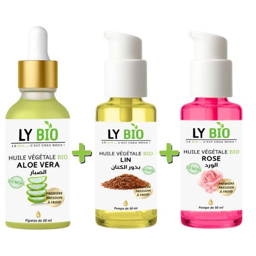 PACK HUILE ALOE VERA 50ml - PIPETTE HUILE LIN 50ML - POMPE HUILE ROSE 50ml - POMPE