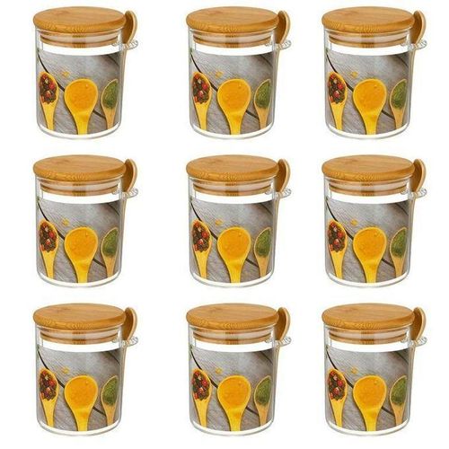 9 Bocaux en Verre avec Couvercle et Cuillère en Bambou – Pots de Conservation Écologiques pour Épices, Café, Thé ou Céréales