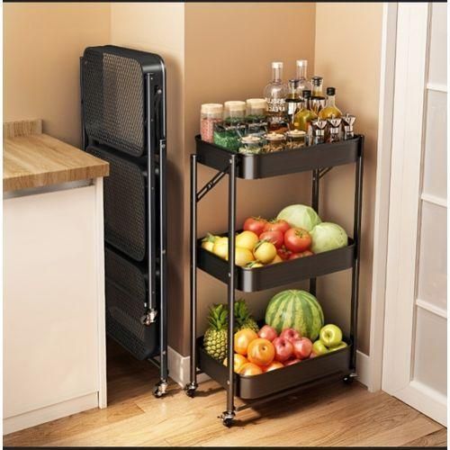 عربة تخزين قابلة للطي بثلاثة طوابق مع عجلات، عربة للفواكه والخضروات