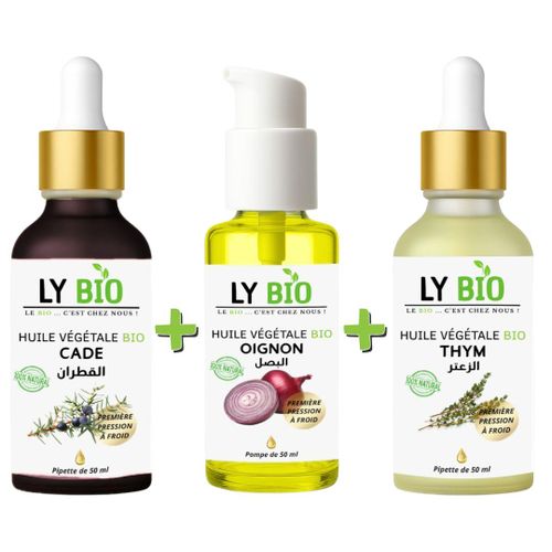 PACK HUILE CADE 50ML - PIPETTE HUILE OIGNON 50ML - POMPE HUILE THYM 50ML - PIPETTE