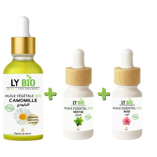 PACK HUILE CAMOMILLE 50ML - PIPETTE + HUILE ESSENTIEL MENTHE 10ML + HUILE ESSENTIEL ROSE 10ML