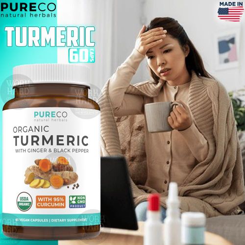 Organic Turmeric Curcumin Avec Ginger Black Pepper Bénéfices et absorption améliorés Vegan & Non-GMO 60 capsuleS