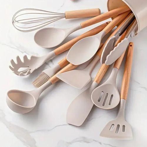Ensemble d’Ustensiles de Cuisine 12 Pièces en Silicone Multicolore avec Manche en Bois – Spatules et Cuillères Antiadhésives Résistantes à la Chaleur