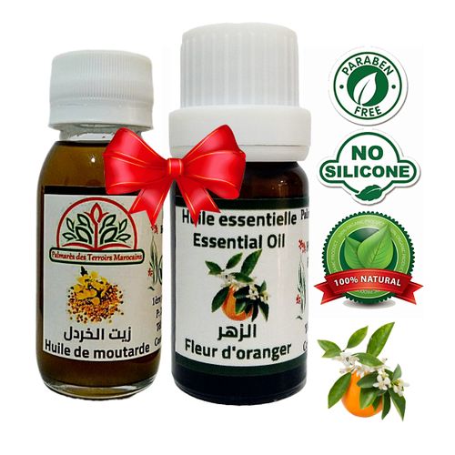 Huile essentielle de fleur d'oranger Néroli Essence fragrance 100% naturelle 10ml + Huile végétale de moutarde (soins capillaires, antichute, pellicules) 60ml