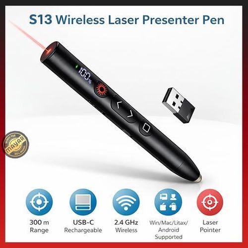 Stylo Présentateur Laser Sans Fil 3 en 1 Rechargeable S13 Professionnel – Télécommande PowerPoint 2.4GHz avec Pointeur Laser, Portée Longue Distance 300 m, Recharge USB-C, Compatible Windows / Mac / Linux / Android