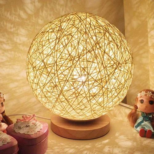 Lampe de table boule en rotin, rechargeable USB, veilleuse LED décorative, support en bois, lampe de chevet pour chambre et salon, décoration intérieure moderne