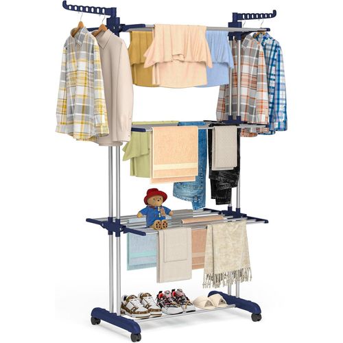 Étendoir à linge pliable en acier inoxydable avec quatre niveaux et base rabattable bleu pour intérieur et extérieur