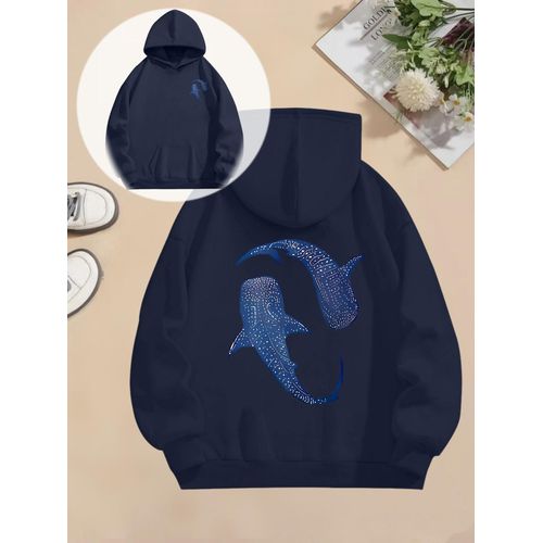Sweat à capuche pour femme à motif baleine imprimé double face Style décontracté à poches et style américain, haut tendance et à la mode avec manches longues et col à capuche