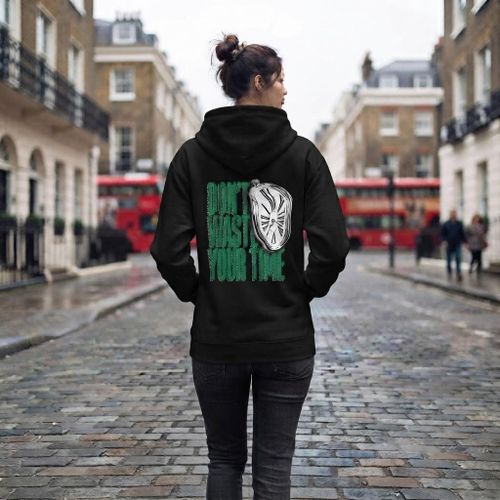 Hoodie noir à capuche, 1 pièce, imprimé vert DON’T WASTE YOUR TIME avec cadran graphique au dos, style sport casual streetwear tendance
