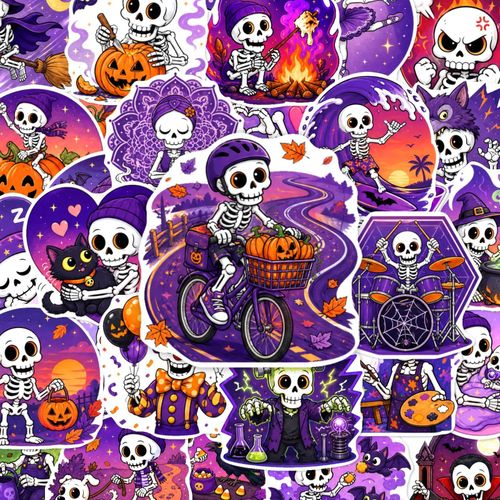 Amusement Effrayant en Vue 50pcs Autocollants Squelette d'Halloween - Décalcomanies Ludiques sur le Thème des Squelettes pour Ordinateurs Portables, Cahiers, Gourdes, Décoration de Fête et Plus