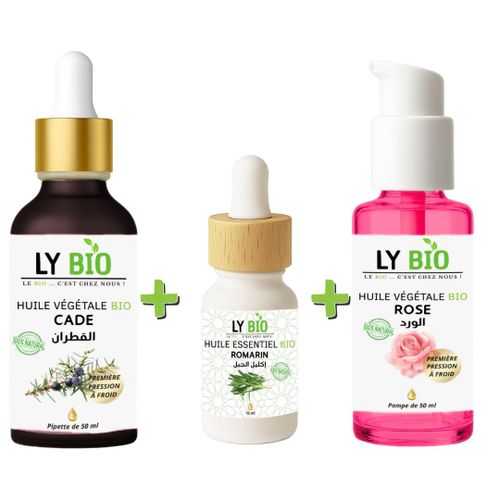PACK HUILE CADE 50ML - PIPETTE HUILE ESSENTIEL ROMARIN 10ML HUILE ROSE 50ml - POMPE