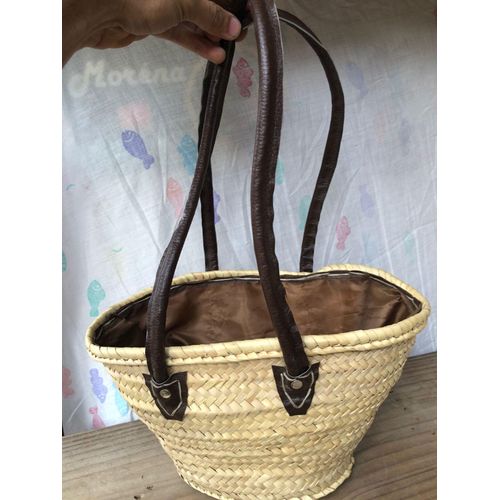Panier à bandoulière artisanale a longues poignées en cuir marron foncé - L52 P15 H22 cm