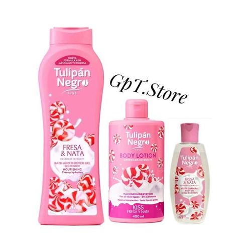 Gel douche(650ml)+Lotion corps(400ml)+Huile corporelle (200ml) Fraise & Crème ( Fresa & Nata)