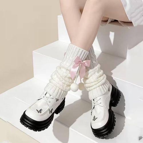 1 paire de revers de chaussettes chauds et souples pour l'automne/hiver, coloris rose ou rose-rouge, style mignon avec nœud et pompon.