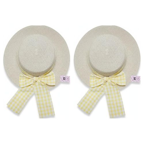 Lot de 2 - Chapeau de Paille Vintage - Style Bohème avec Ruban Vichy Jaune - Accessoire d'Été pour Femme