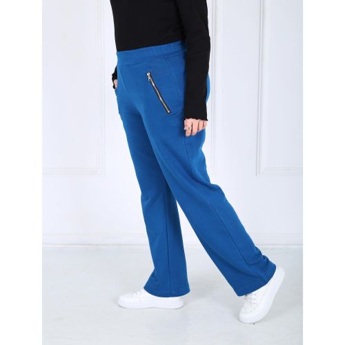 Pantalon Femme - Droit Poches Zippées - Molleton - Bleu Indigo
