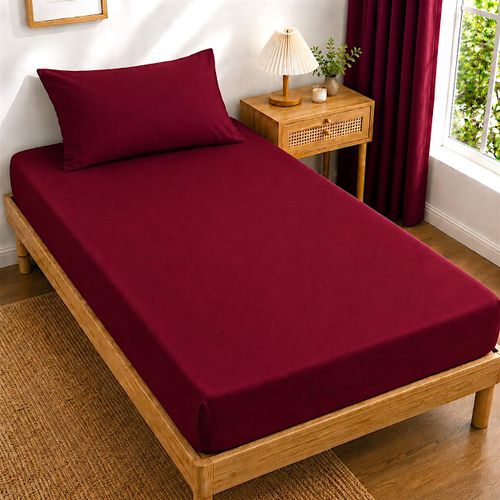 Drap housse de lit bordeaux 190x90 + 1 taie d'oreiller 70x50cm, jusqu'à 27 cm de profondeur