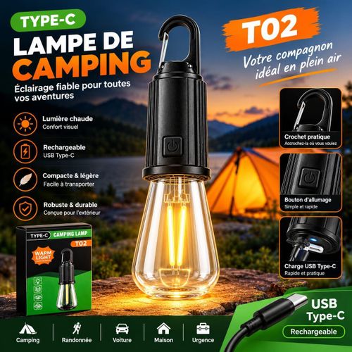 Lampe de Camping LED Rechargeable Type-C T02 - Éclairage Chaud, Suspendue pour Randonnée et Urgenc