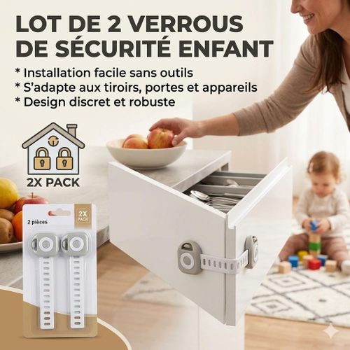 Verrous Sécurité Bébé x2 – Système Anti-Ouverture pour Meubles, Four et Frigo, Installation Adhésive Facile, Protection Enfant Durable