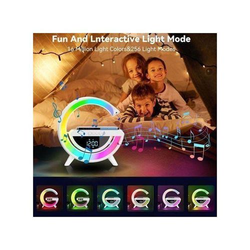 Haut-Parleur Bluetooth, Chargeur Sans Fil 15W, Radio FM et Lumières d’Ambiance –Horloge Digitale, Veilleuse Colorée, Bluetooth & Effets Lumineux Interactifs
