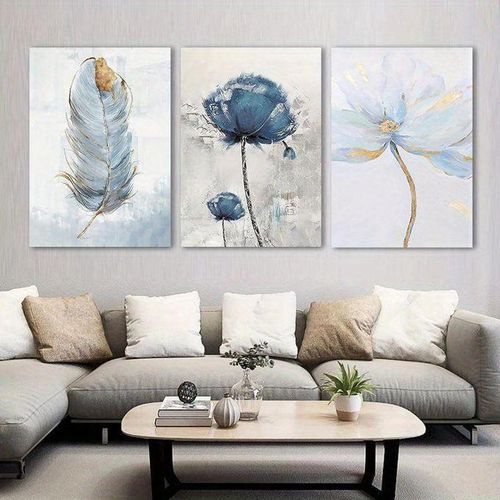 Tableau décoratif lot de 3 fleurs et plume style aquarelle bleu et doré pour salon et chambre