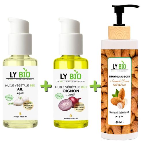 PACK HUILE AIL 50ML - POMPE + HUILE OIGNON 50ML - POMPE + SHAMPOOING AMANDE DOUCE 200ML