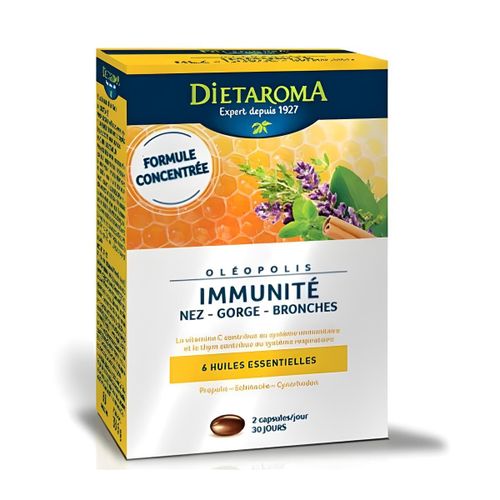 Oléopolis Immunité - Formule Concentrée, Vitamine C, Propolis, Échinacée, Cynorrhodon, 6 Huiles Essentielles - Soutien Immunitaire, Nez-Gorge-Bronches - 60 Gélules (30 Jours)