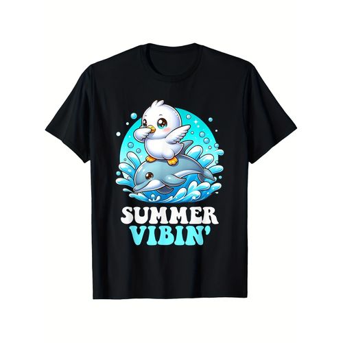 T-shirt Graphique Dauphins Surfeurs et Mouettes Ambiance Estivale - 100 Coupe Décontractée pour Vacances à la Plage avec Motif Dauphins Surfeurs, Mouette et Planche de Surf, T-shirt d'Été Décontracté Unisexe pour Hommes et Femmes, Tenue Familiale Assor