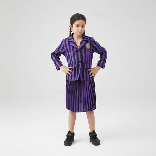 Déguisement Wednesday Addams pour Enfant - Ensemble Veste et Jupe Rayée Violet et Noir