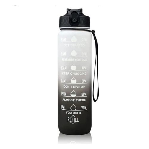 Gourde de sport en plastique sans BPA de 1 L, avec graduations et indicateur de temps,