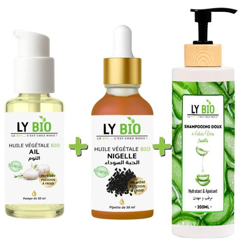 PACK HUILE AIL 50ML - POMPE + HUILE NIGELLE 50ML - PIPETTE + SHAMPOOING ALOE VERA 200ML