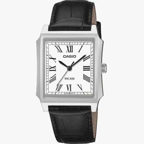 Montre de style classique avec un cadran rectangulaire et des chiffres romains.- Bracelet cuir noir - MTP-B190L-7