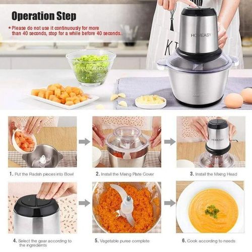 Hachoir Électrique Inox 304 2L 1500W, Hachoir à Viande et Légumes 2 Vitesses, Mixeur et Robot Culinaire Compact pour Cuisine Domestique, double bol inox