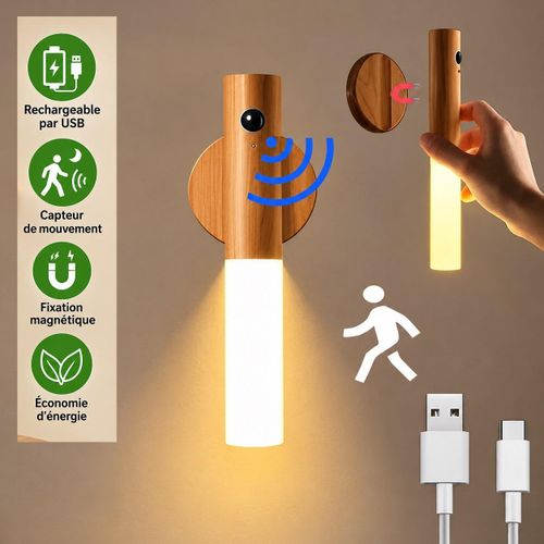 Applique Murale LED Sans Fil en Bois, Veilleuse Automatique avec Capteur de Mouvement et Recharge USB
