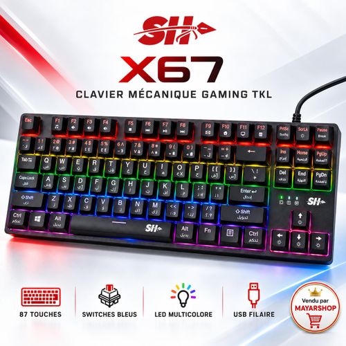 Clavier Gaming Mécanique X67 - 87 Touches – Switches Bleus, Éclairage LED Multicolore, Touches Arabe/Anglais et Connexion USB Filaire