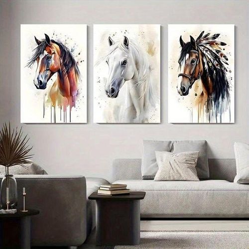 Tableau Lot de 3 Chevaux Style Aquarelle Décoration Murale Moderne Salon