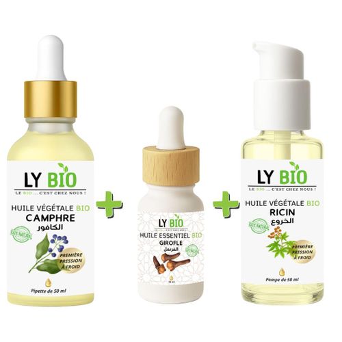 PACK HUILE CAMPHREE 50ML - PIPETTE HUILE ESSENTIEL GIROFLE 10ML HUILE RICIN 50ml - POMPE