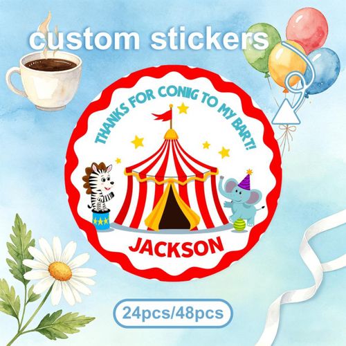 Lot de 24 ou 48 autocollants personnalisés sur le thème du cirque, tente à rayures rouges et blanches avec personnages de dessin animé zèbre et éléphant, texte Merci d'être venu à ma fête, nom personnalisé Jackson, décorations de fête d'anniversaire