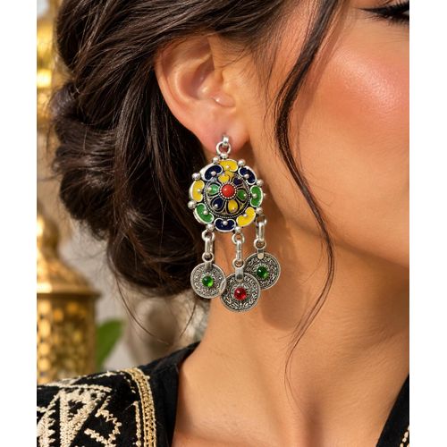 Nouveau & Exclusif - Boucles d'Oreilles Traditionnelles Amazighs Émaillées avec Pièces Pendantes - 3cm