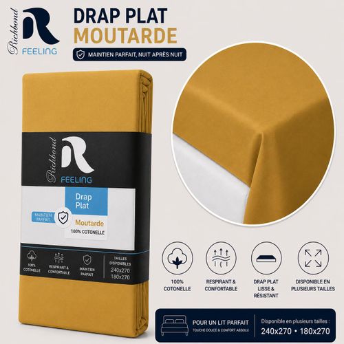 Drap Plat (180x270) Pour Lit 1 Place (90 et 100 cm) - Tissu Cotonelle Doux, Hypoallergénique, Lavable en Machine - Moutarde