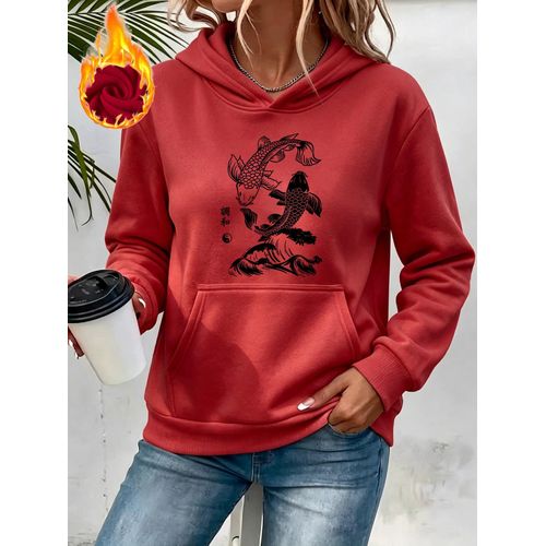 Ensemble Femme Décontracté : Sweat à Capuche Doublé Polaire et Veste de Sport Décontractée à Capuche, Vêtements d'Automne/Hiver, Vêtement d'Extérieur à Poches et Sweat à Capuche Doublé Polaire Imprimé Vague Koi, Top Décontracté d'Automne/Hiver Femme ave