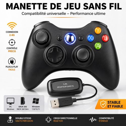 Manette Sans Fil Xbox 360 2,4 GHz avec Récepteur USB pour PC – Contrôleur Gaming Wireless Portée 9m