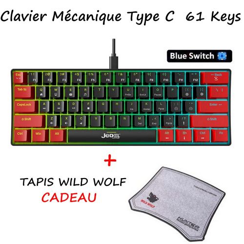 Clavier Gamer Mécanique - Format 60% RGB - Blue Switch - Noir + Tapis Offert