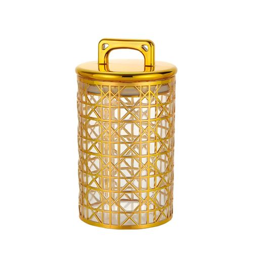 Bocal de Rangement Décoratif - Verre et Métal Doré Motif Cannage - Pour Snacks et Petits Objets - 10x18.5cm