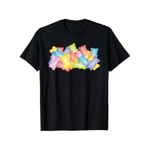 T-shirt Amusant Ours en Gomme - Manches Courtes, Noir, Imprimé Bonbons Colorés, Coupe Confortable, Cadeau Parfait pour Hommes, Femmes, Pères, Mères, Amis Proches, Disponible en Tailles Grandes
