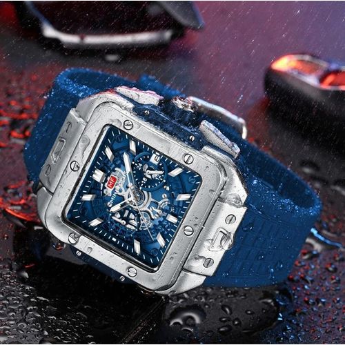 Montre Luxe Homme Chronographe Cadran Squelette Bleu Boîtier Carré Argenté – Série Prestige