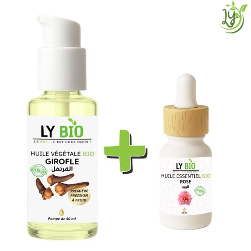 PACK HUILE GIROFLE 50ML - POMPE + HUILE ESSENTIEL ROSE 10ML